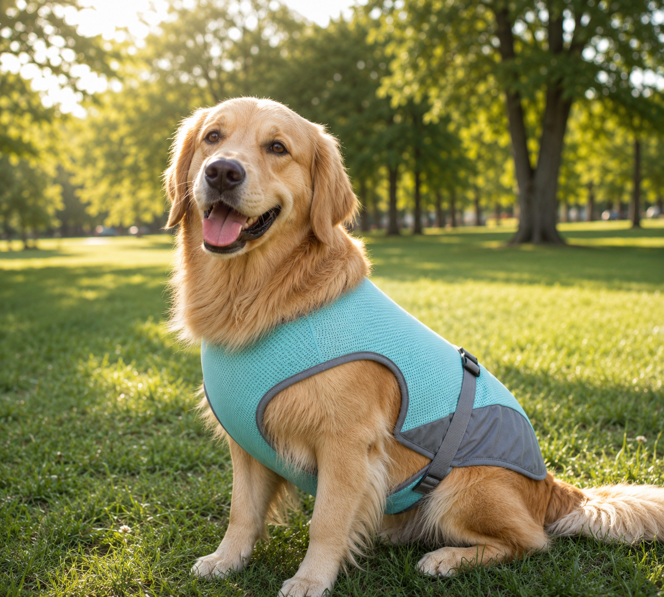 Happy golden retriever wearing a Cool Woofs cooling vest in the park